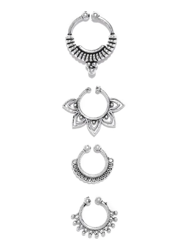 Women's Set Of 4 Oxidised Silver-Plated Septum Nosepins - Priyaasi