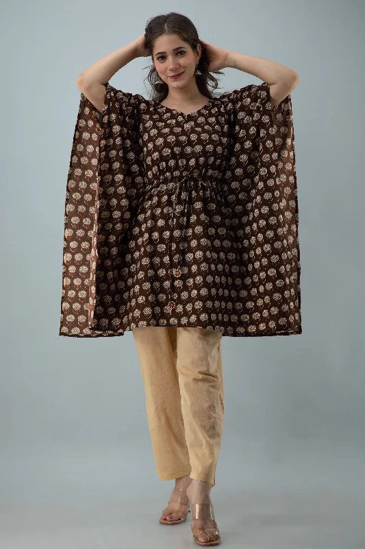 Women's Brown floral print rayon kaftan top - MISSKURTI