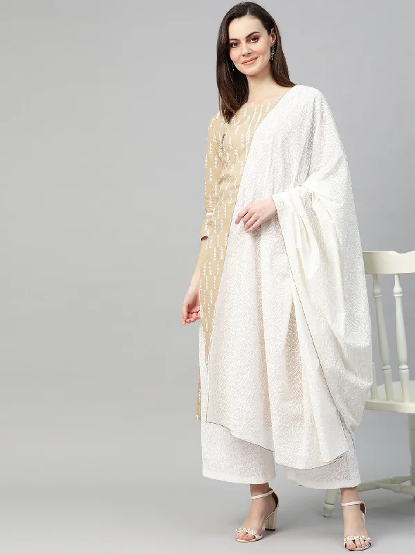 Women's Beige & White Printed Kurta Set - Yufta