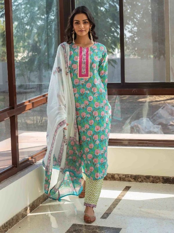 Women's Blue & Off-White Printed Kurta Set - Yufta