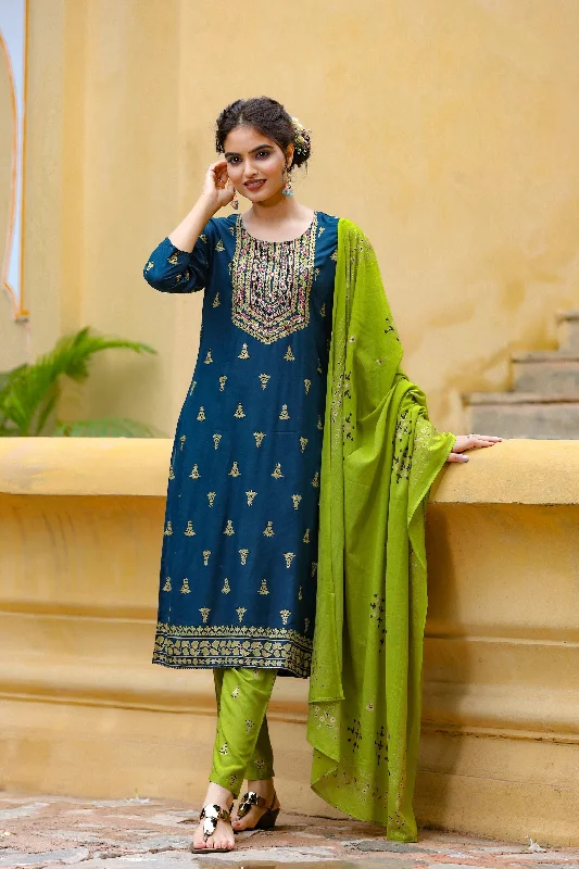 Women's Blue & Green Kurta Set - Yufta