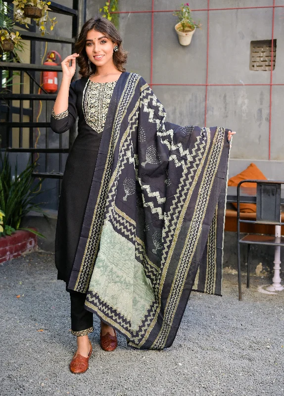 Women's Black and Beige Printed Kurta Set - Yufta