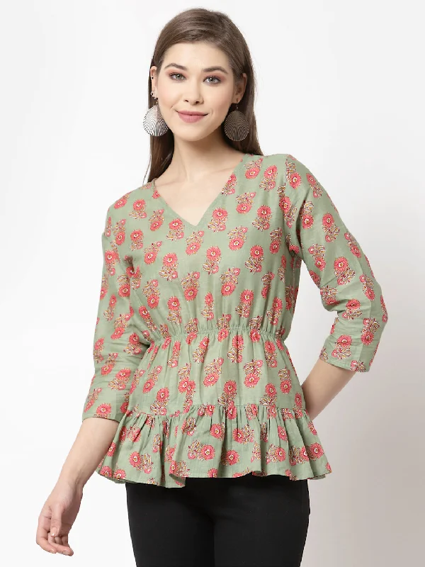 Women Green Printed Cotton Top by Myshka (1 Pc Set)