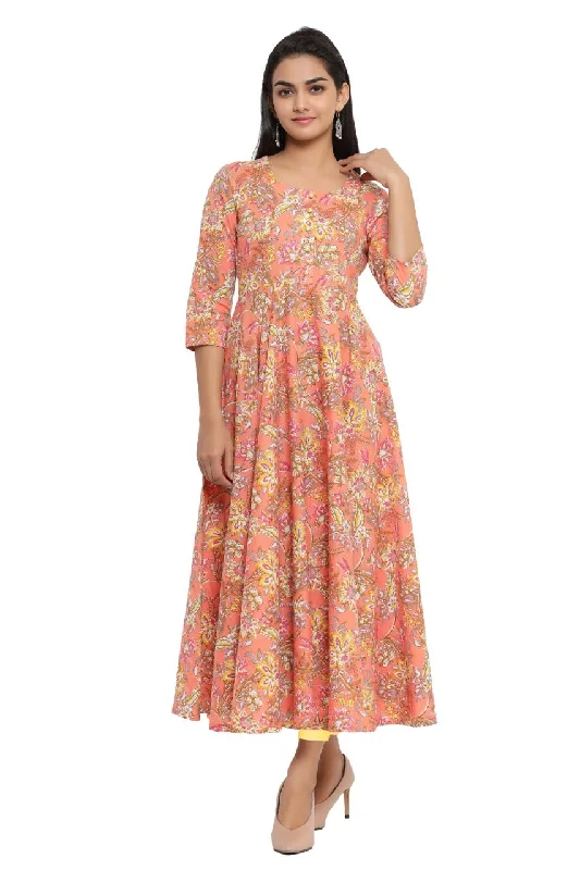 Women's  Floral Print Pure Cotton Anarkali Kurta  (Orange) - Noz2Toz