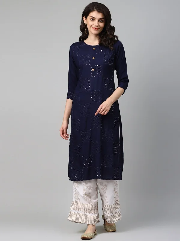 Women's Navy Blue & White Solid Kurta Set - Yufta