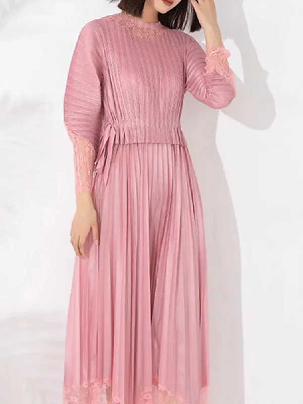 Miyake Pleated Lace Patchwork Midi Dress