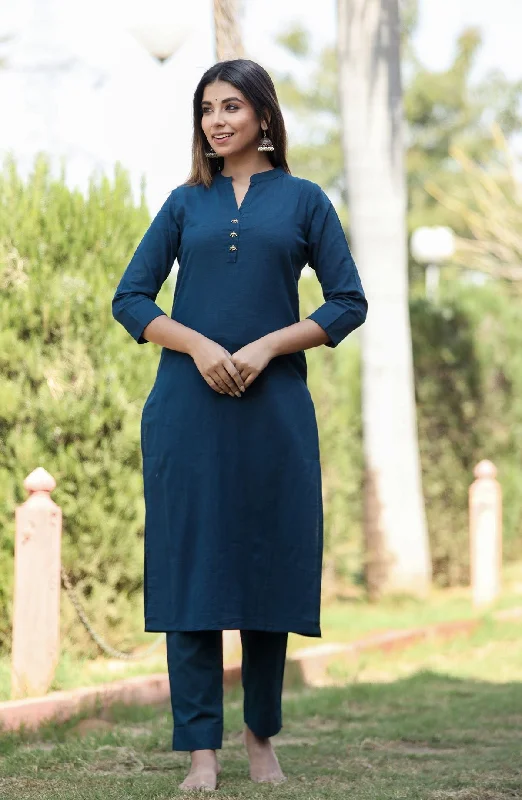 Women's Blue Solid Metal Embellishment Kurta - KAAJH