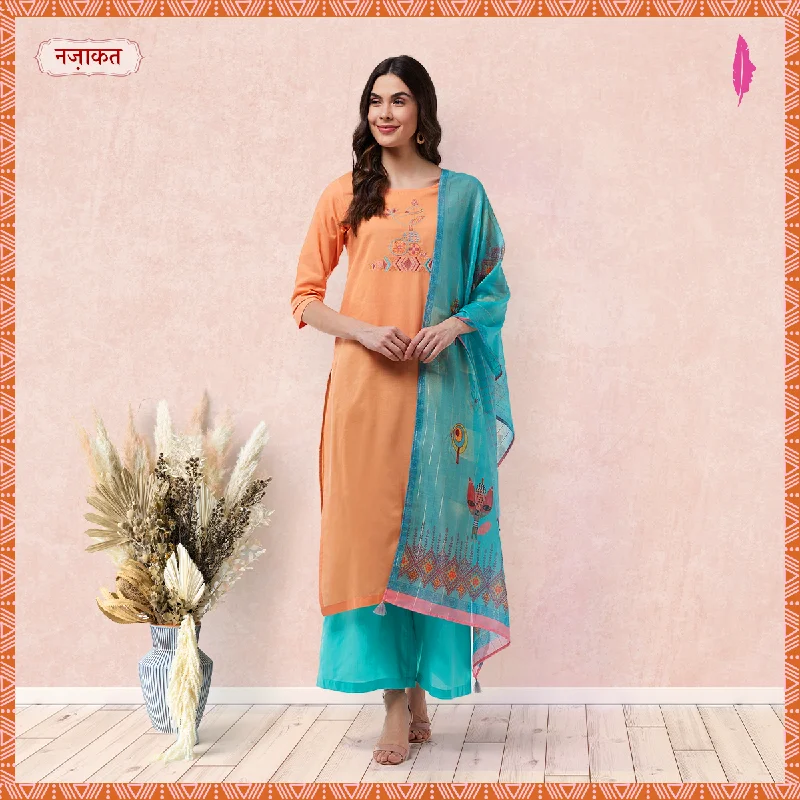 Women's Orange Embroidered Kurta With Pants And Green Digital Printed Dupatta - Pannkh