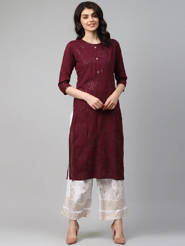 Women's Maroon Straight Kurta Set - Yufta