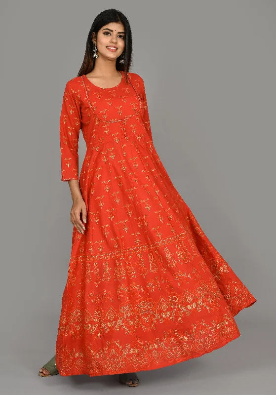 Women's Red Gold Printed Kurta - KAAJH