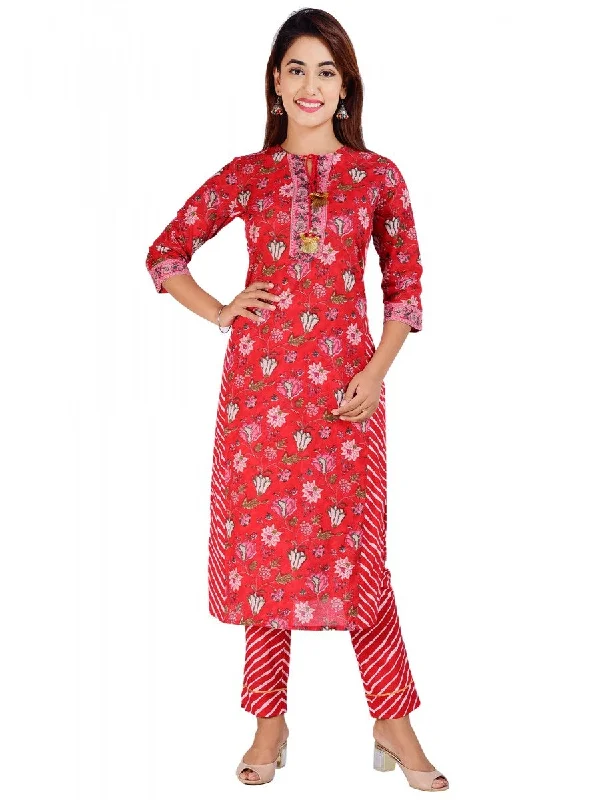 Women's  Cotton Floral Print Straight Kurta With Pant Set - Noz2Toz