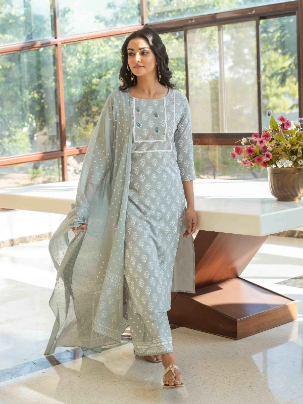 Women's Grey & White Printed Kurta Set - Yufta