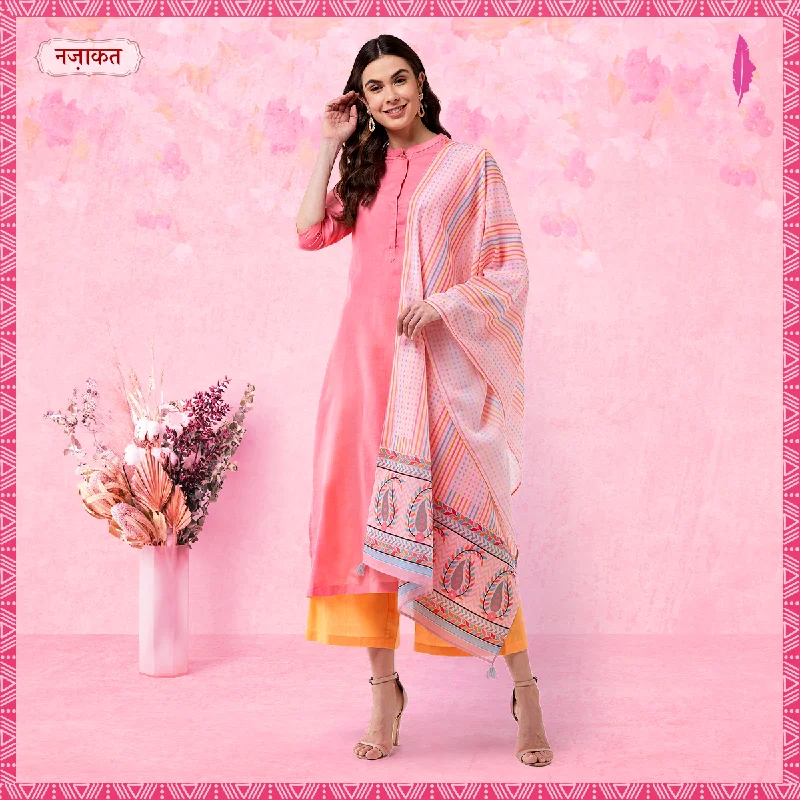 Women's Pink Embroidered Kurta With Pants And Digital Printed Dupatta - Pannkh