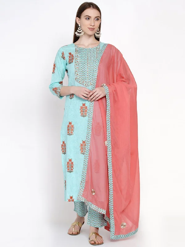 Women's Blue and Peach Printed Kurta Set - Yufta