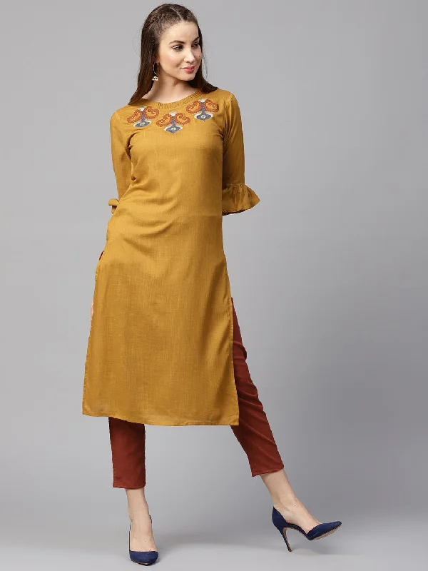 Women's Mustard & Red Solid Kurta Set - Yufta