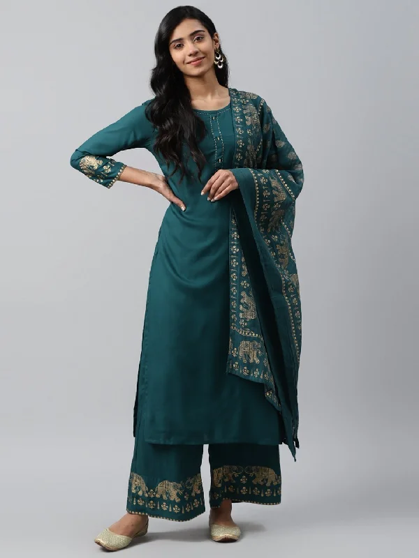 Women's Green & Golden Solid Kurta Set - Yufta