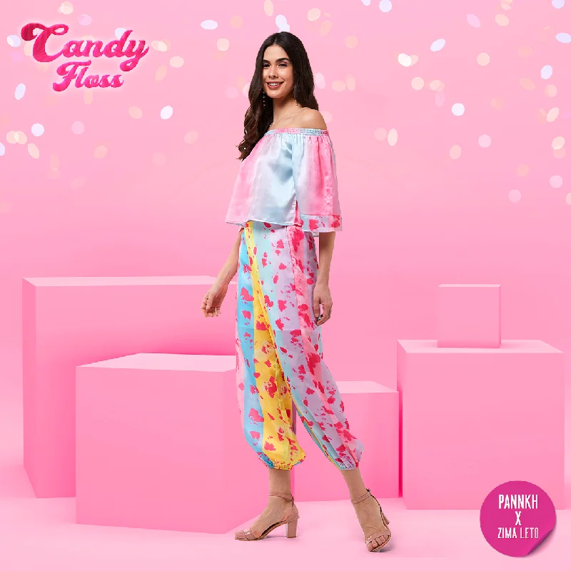 Women's Candy Inspired Digital Printed Off-Shoulder Top With Baggy Pants - Pannkh