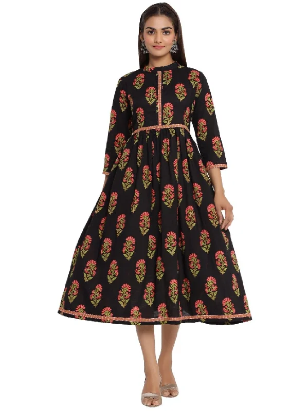 Women's  Floral Print Pure Cotton A-Line Kurta  (Black) - Noz2Toz