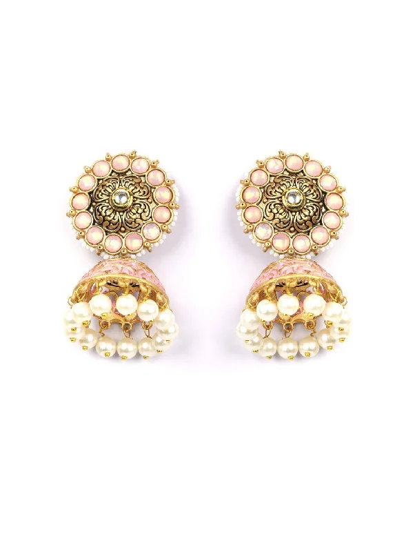 Women's Pink White Beads Kundan Gold Plated Jhumka Earring - Priyaasi