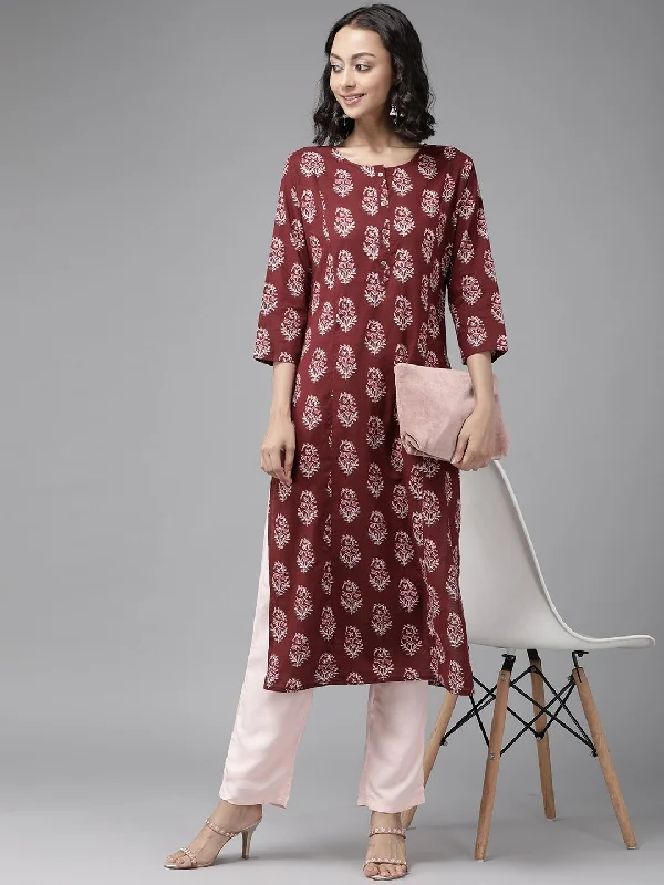 Women's Maroon & Baby Pink Kurta Set - Yufta