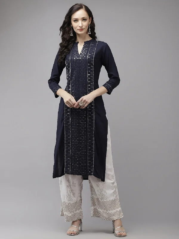 Women's Navy Blue Regular Sequinned Kurta Set - Yufta