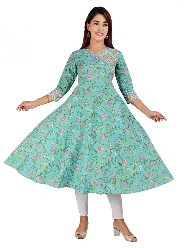 Women's  Cotton Floral Print Angrakha Anarkali Kurta - Noz2Toz