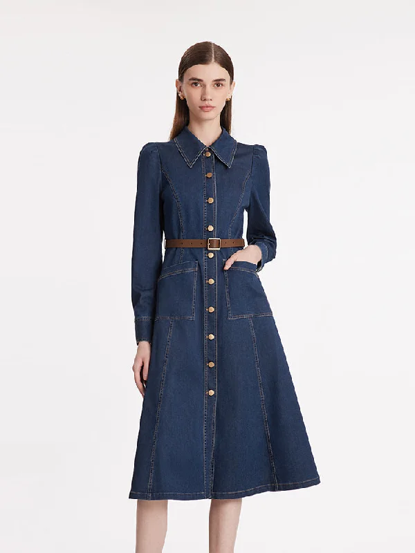 Single-Breasted Lapel Women Midi Denim Dress With Belt