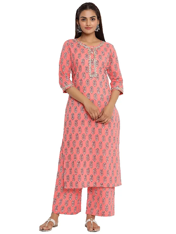 Women's Pure Cotton Floral Printed Straight Kurta With Palazzo Suit Set - Noz2Toz