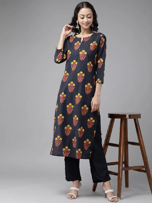 Women's Navy Blue & Mustard Kurta Set - Yufta