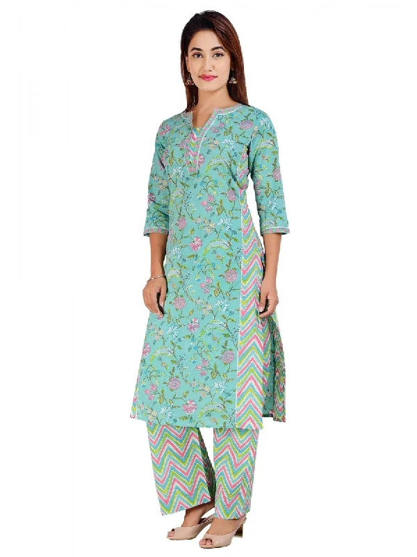 Women's  Cotton Floral Print Straight Kurta With Palazzo Set - Noz2Toz