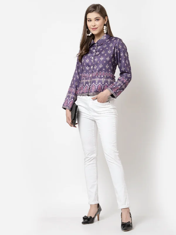 Women Purple Cotton Printed Shirt by Myshka (1 Pc Set)