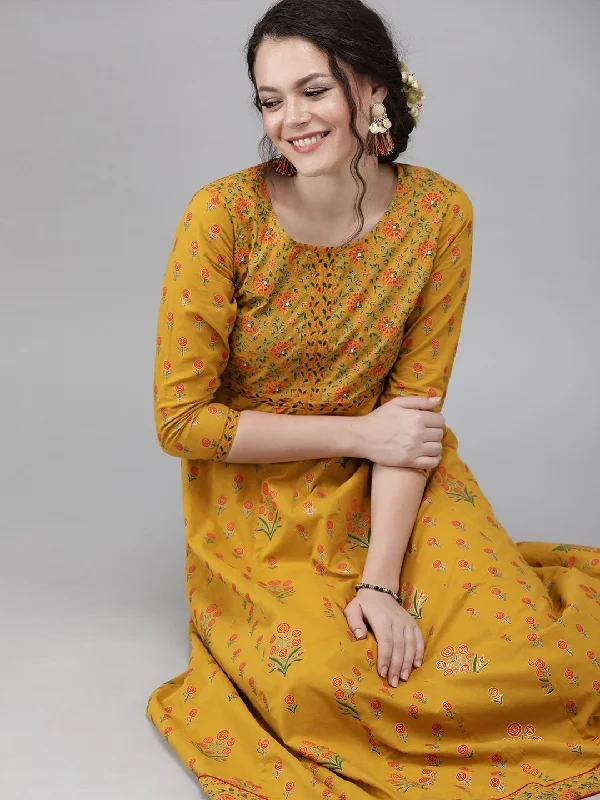 Women's Mustard & Green Printed Kurta - Yufta