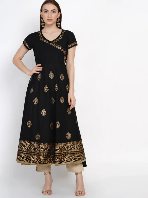 Women's Black Cotton Hand Blocked Printed Anarkali With Wrap Detail - Noz2Toz