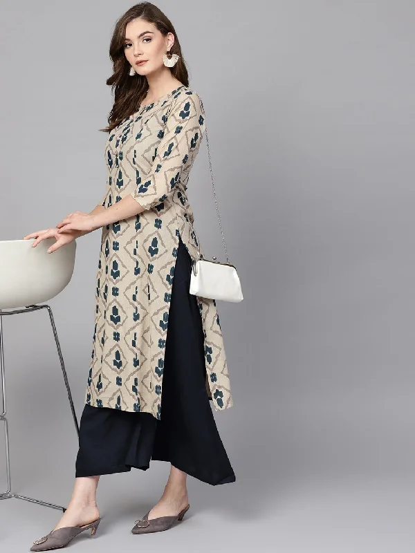 Women's Beige & Blue Printed Kurta Set - Yufta