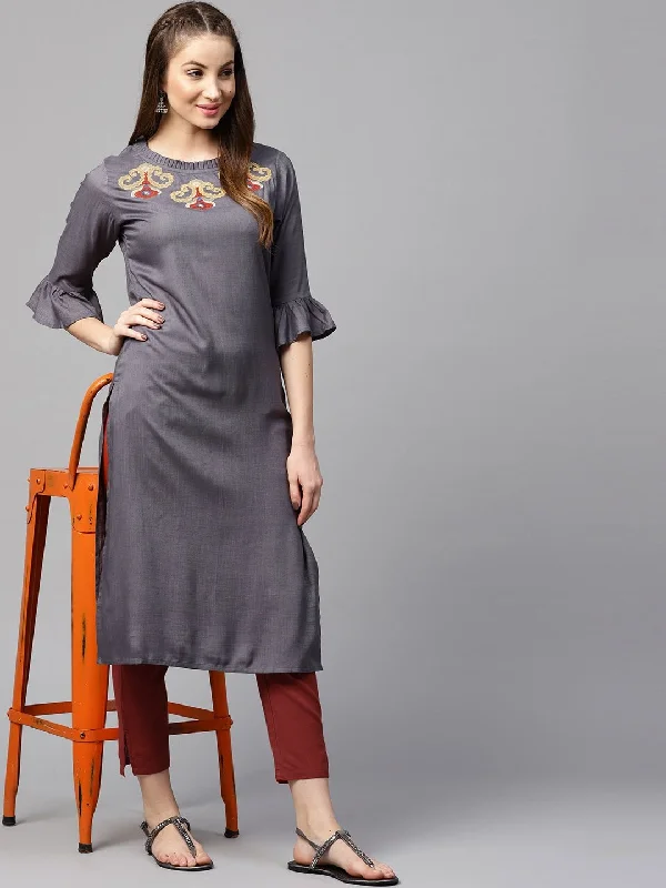 Women's Grey & Maroon Solid Kurta Set - Yufta