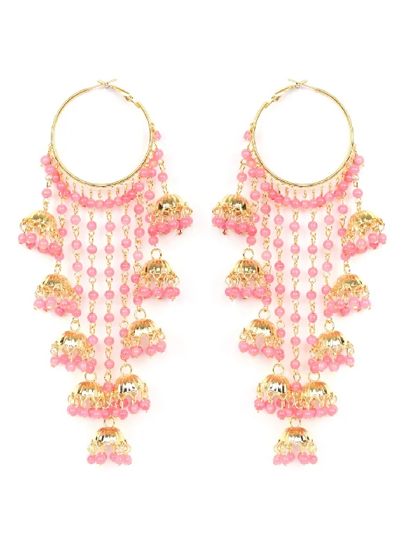 Women's  Pink Beads Gold Plated Hoop Earring - Priyaasi