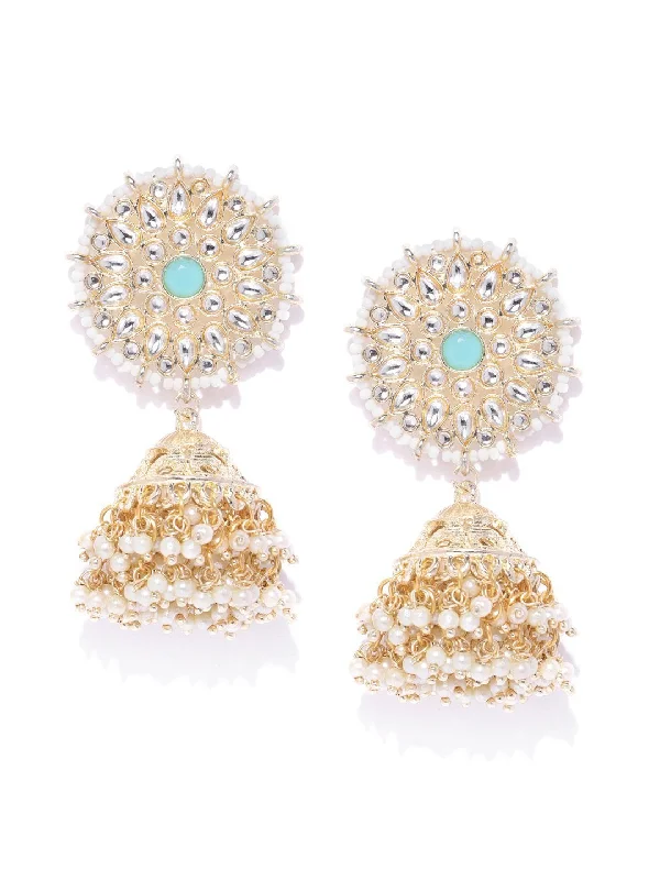 Women's Gold-Plated Kundan and Pearls Studded Floral Patterned Jhumka Earrings - Priyaasi