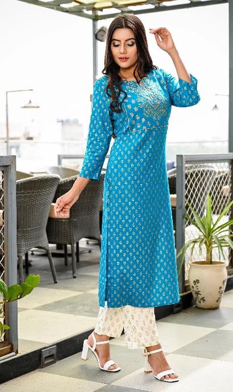 Women's Rama Green and White Printed Kurta Set - Yufta