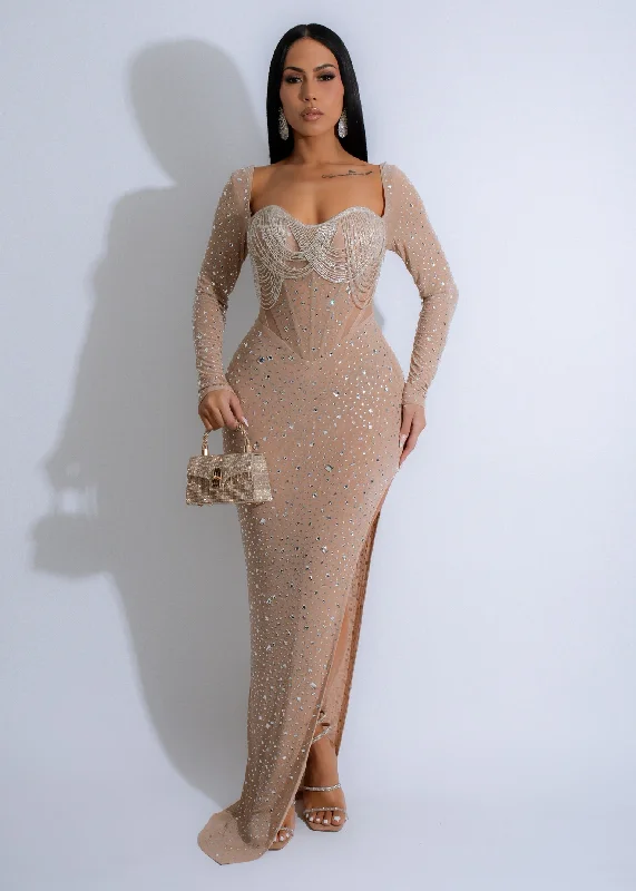 Stardust Symphony Rhinestones Maxi Dress Nude