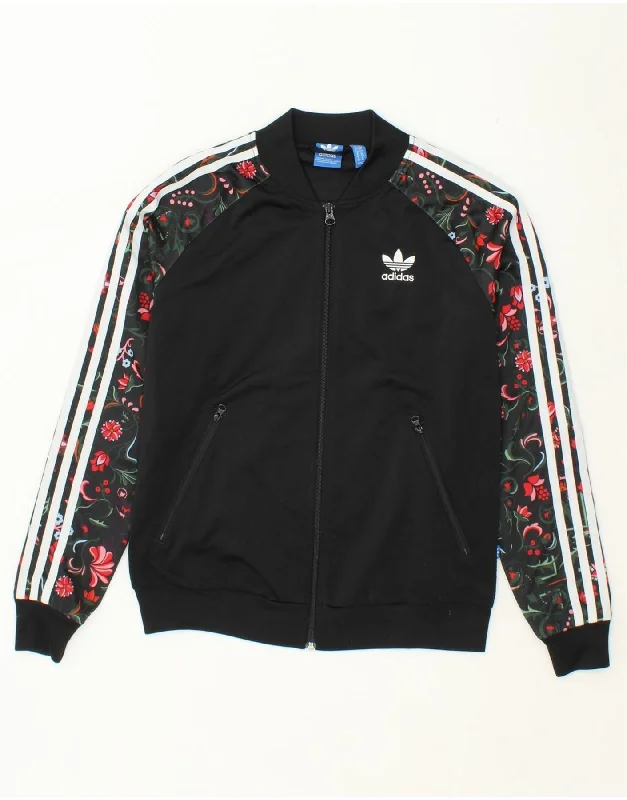 ADIDAS Womens Graphic Tracksuit Top Jacket UK 10 Small Black Floral