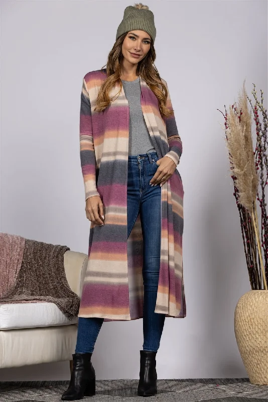 MUAVE STRIPED OPEN FRONT LONG CARDIGAN-JT8212PE