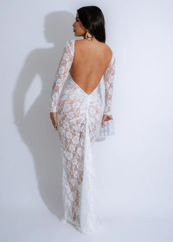 Obsidian Flora Lace Ruched Maxi Dress White