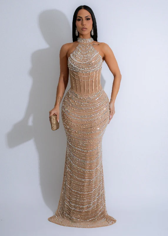 Cosmic Symphony Rhinestones Mesh Maxi Dress Nude