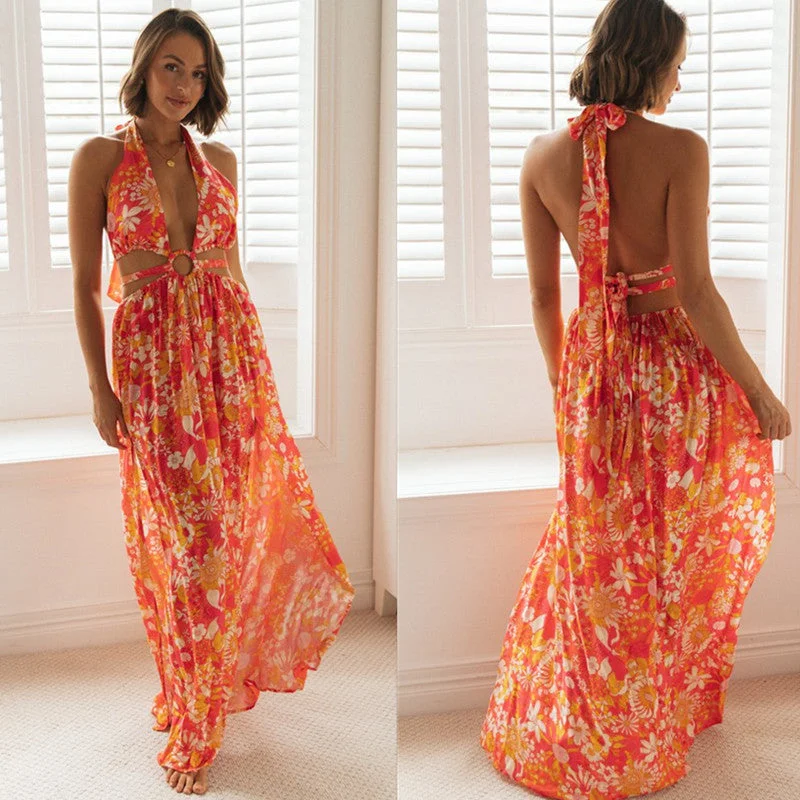 Sexy V Neck Summer Halter Long Dresses