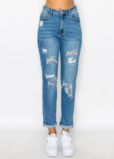 HIGH RISE BASIC ROLLED CUFF MOM JEANS