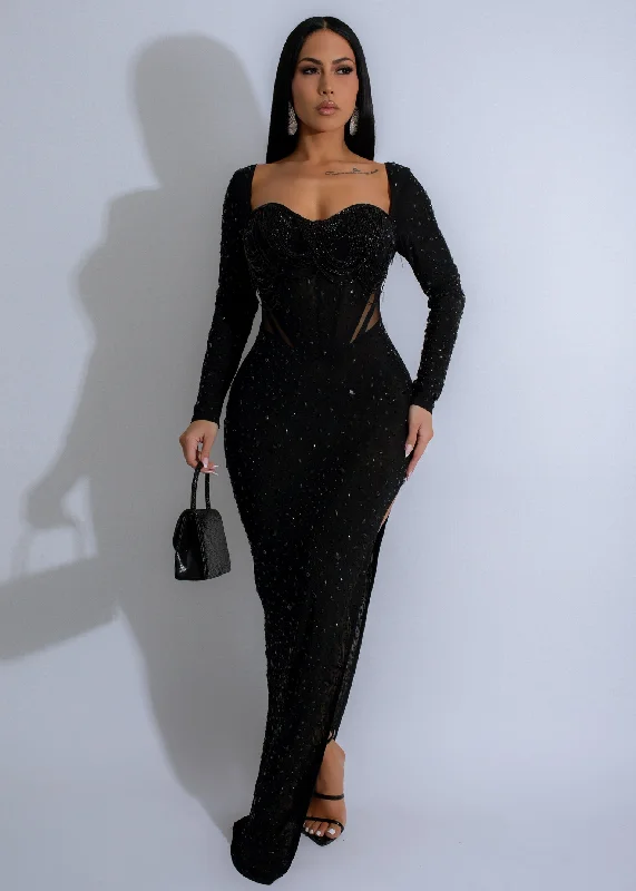 Stardust Symphony Rhinestones Maxi Dress Black