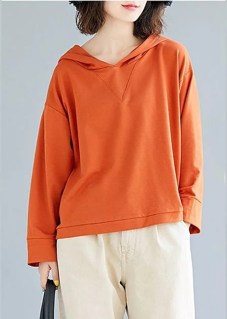 Loose orange cotton blouses for women hooded loose fall top