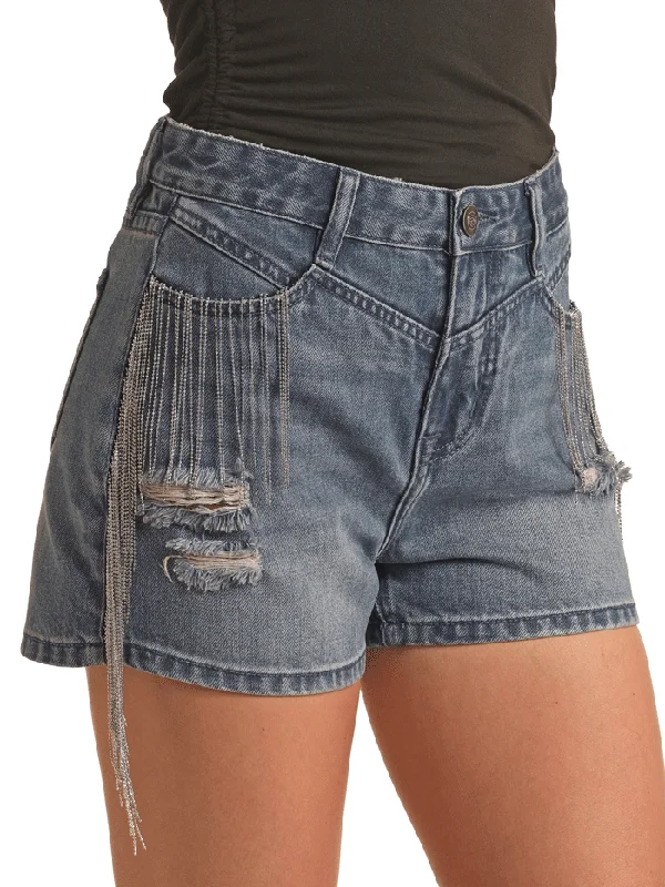 Rock & Roll Denim BW68D03556 Womens High Rise Chain Fringed Shorts Denim