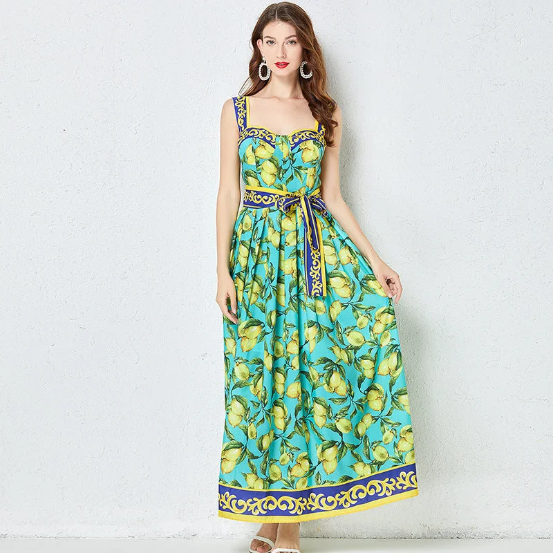 Fashion Green Lemon Summer Long Vacation Dresses