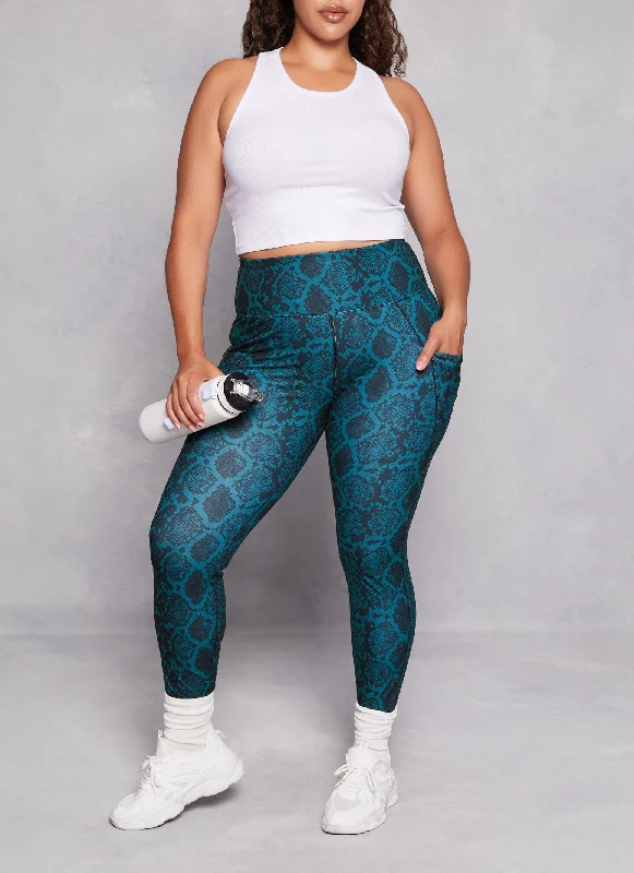 Plus Size Snake Printed Cell Phone Pocket Leggings